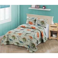 [아마존베스트]Better Home Style Blue Green Orange Grey Dinosaurs World Kids / Boys / Toddler Coverlet Bedspread Quilt Set with Sham # Dinosaur Family (Twin)