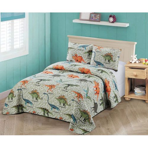  [아마존베스트]Better Home Style Blue Green Orange Grey Dinosaurs World Kids / Boys / Toddler Coverlet Bedspread Quilt Set with Sham # Dinosaur Family (Twin)