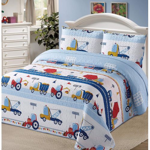  [아마존베스트]Better Home Style White Blue Red Construction Site Kids/Boys/Toddler Coverlet Bedspread Quilt Set with Pillowcases and Tractor Dump Truck Cement Mixer and Excavator # Con Site (Twi