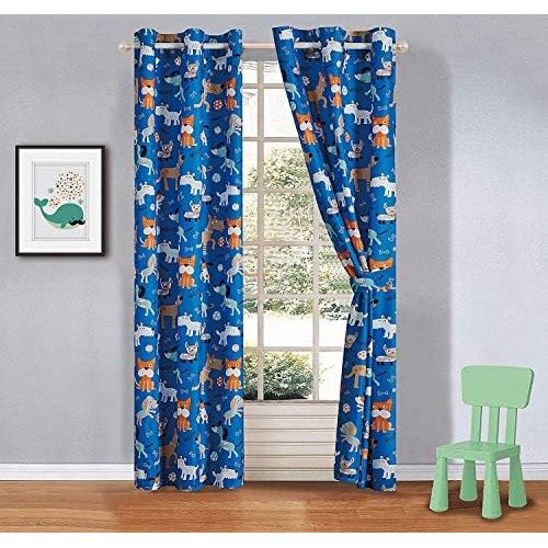  [아마존베스트]Better Home Style Playing Puppy with Woof Woof Wagging Dogs Pups and Puppies Printed Boys Toddler Kids Room Window Curtain Treatment Drapes 2 Piece Set with Grommets (Blue Dog)