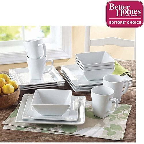  Better Homes & Gardens 16-Piece Square Porcelain Dinnerware Set, White