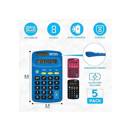  Pocket Size Mini Calculators, 5 Pack, Handheld Angled 8-Digit Display, by Better Office Products, Standard Function, Assorted Colors (Blue, Black, Pink), Dual Power with Included AA Battery Power