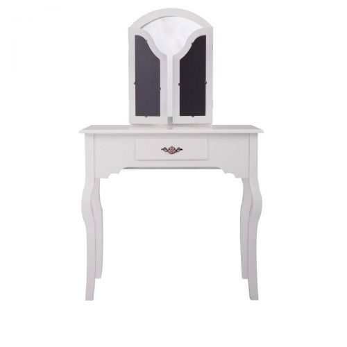  Betterhomechoice White Tri Folding Mirror Vanity Makeup Table Set Bedroom W/Stool & Drawer New