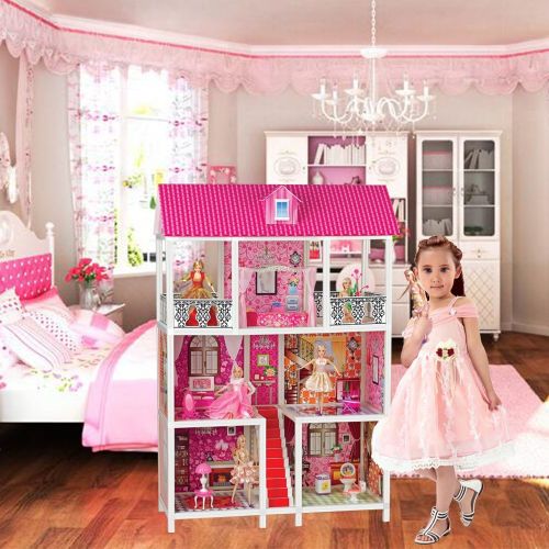  Bettina Dollhouse with 5 Dolls and Furniture, DIY 3 Levels Doll House Kit, Over 4 Tall