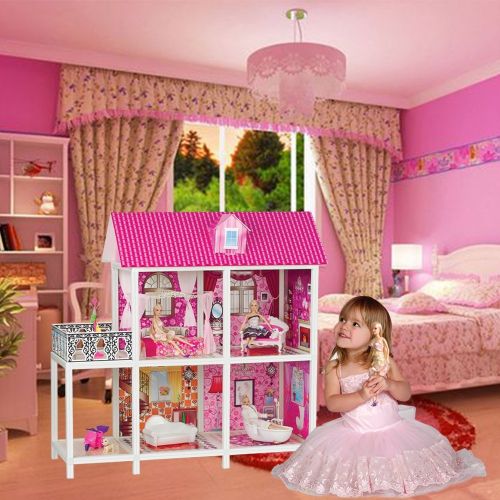  Bettina Dollhouse with 5 Dolls and Furniture, DIY 3 Levels Doll House Kit, Over 4 Tall