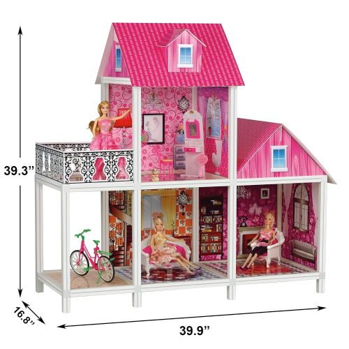  Bettina Dollhouse with 5 Dolls and Furniture, DIY 3 Levels Doll House Kit, Over 4 Tall
