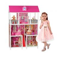 Bettina 39 Large Plastic Dollhouse with 3 Dolls, Big Playhouse Set with Furniture, Pink