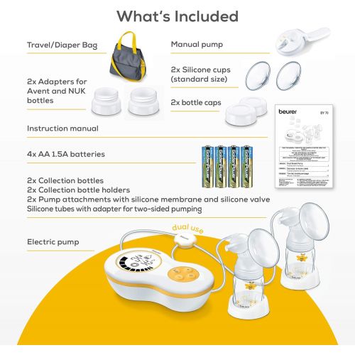  [아마존베스트]Beurer Electric Dual Breast Pump, 10 Pumping and 10 Stimulation Levels, Vacuum Technology, Portable Suction and Tote Travel Bag for Moms, Compatible with Avent & NUK Bottles, Memor