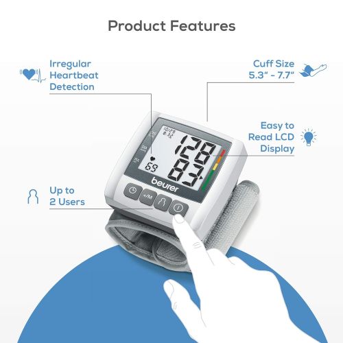  Beurer BC30 Wrist Blood Pressure Monitor, Adjust. Cuff | Automatic & Digital, 2x 60 Reading Memory, LCD XL Numbers, Irreg. Heartbeat, Cuff Circ. 5.3” - 7.7”| Home Use BP Machine Ki