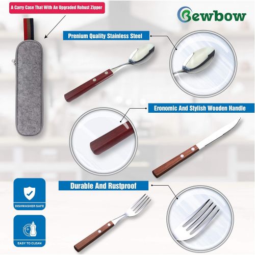  [아마존베스트]BEWBOW PREMIUM QUALITY Stainless Steel travel utensils with case, Healthy & Eco-Friendly 3pc Full Size Fork, Spoon, Portable Utensils Set with Case, reusable utensils with case