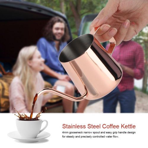  Bewinner Kaffee-Schwanenhals-Wasserkocher, 350ML Edelstahl-Schwanenhals-Kaffeekanne-Langer schmaler Auslauf giessen Griff ueber Kaffee- und Teekessel-Cup-Topf fuer Hauptkueche(Rosegold