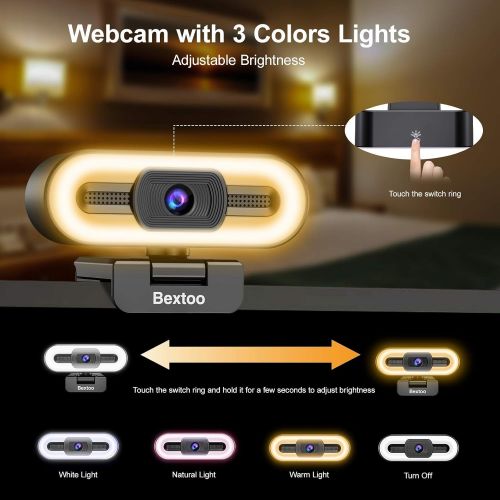  Bextoo 1080P Webcam with Microphone, Streaming Web Camera with 3 Colors Ring Light & Tripod, Auto-Focus HD Streaming Camera, Plug and Play, for Zoom/Skype/Facetime/Teams/YouTube, PC Mac L
