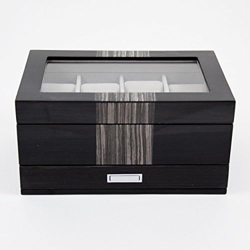  Bey-Berk Bey Berk Lacquered Wenge Wood 8 Watch Box with Glass Top, Drawer for Cufflinks & Pens.