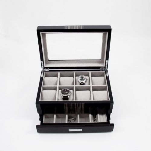  Bey-Berk Bey Berk Lacquered Wenge Wood 8 Watch Box with Glass Top, Drawer for Cufflinks & Pens.