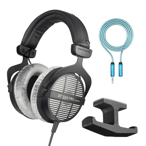  Beyerdynamic DT 990 PRO 250 Ohm Open Studio Headphones -INCLUDES- Blucoil Audio 6-Ft Extension Cable AND Stick-On Under Desk Dual Headphone Stand Mount