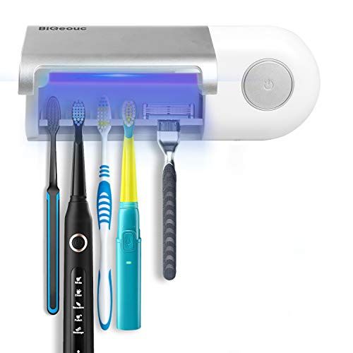  BiQeouc Toothbrushes Holder Wall Mounted Cleaner Organizer, Built-in Drying Fan and 2000mah Rechargeable Battery for Family Home Bathroom