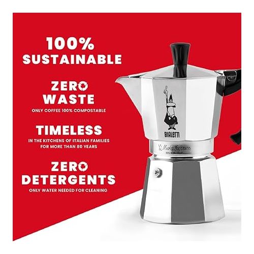  Bialetti - Moka Espress: Iconic Stovetop Espresso Maker, Makes Real Italian Coffee, Moka Pot 6 Cups (6 Oz), Aluminium, Silver