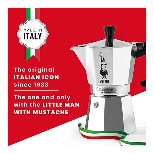  Bialetti - Moka Espress: Iconic Stovetop Espresso Maker, Makes Real Italian Coffee, Moka Pot 6 Cups (6 Oz), Aluminium, Silver