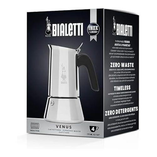  Bialetti - New Venus Induction, Stovetop Coffee Maker, Suitable for all Types of Hobs, Stainless Steel, 4 Cups (5.7 Oz), Silver