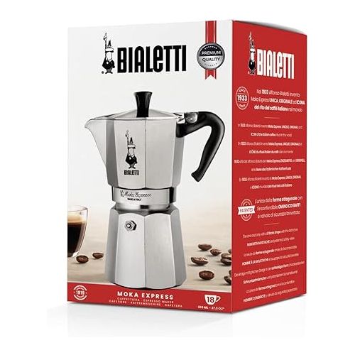  Bialetti - Moka Express: Iconic Stovetop Espresso Maker, Makes Real Italian Coffee, Moka Pot 18 Cups (27 Oz - 810 Ml), Aluminium, Silver
