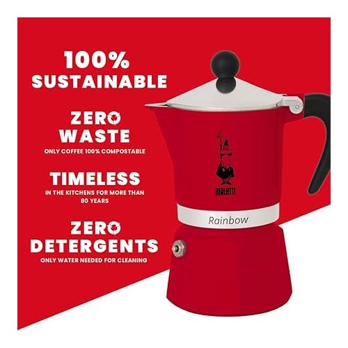  Bialetti - Rainbow: Stovetop Espresso Maker, Moka Pot 3 Cups (4.3 Oz - 130 Ml), Aluminium, Red