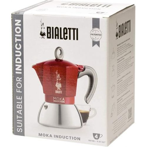  Bialetti New Moka Induction Coffee Maker Moka Pot, 2 Cups, 90 ml, Aluminium, Red, Compatible with Induction pan and Gas stove: Italian Made