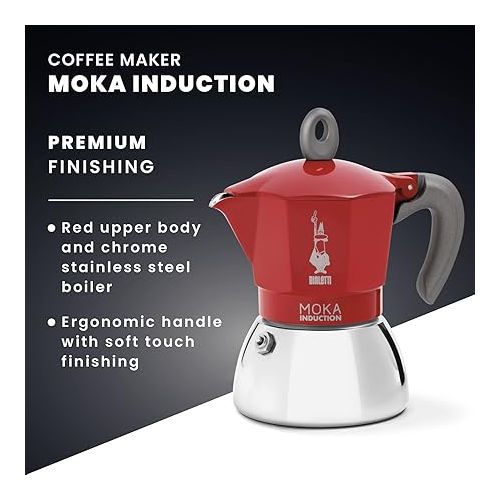  Bialetti New Moka Induction Coffee Maker Moka Pot, 2 Cups, 90 ml, Aluminium, Red, Compatible with Induction pan and Gas stove: Italian Made