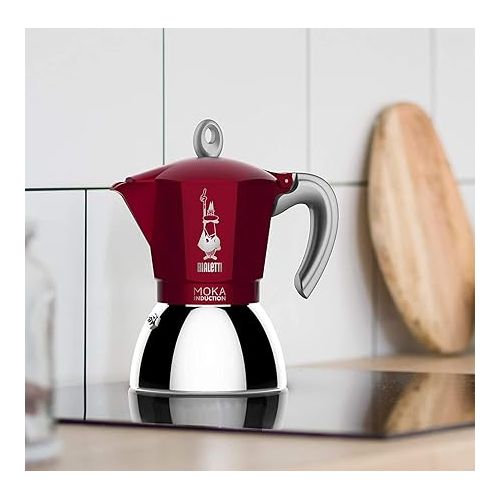  Bialetti New Moka Induction Coffee Maker Moka Pot, 2 Cups, 90 ml, Aluminium, Red, Compatible with Induction pan and Gas stove: Italian Made