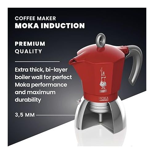  Bialetti New Moka Induction Coffee Maker Moka Pot, 2 Cups, 90 ml, Aluminium, Red, Compatible with Induction pan and Gas stove: Italian Made