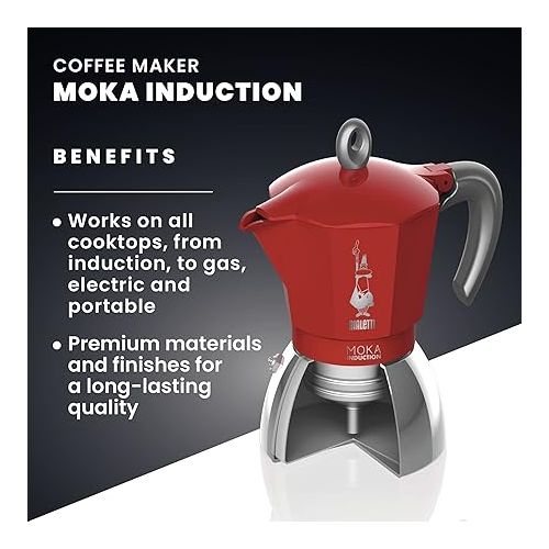  Bialetti New Moka Induction Coffee Maker Moka Pot, 2 Cups, 90 ml, Aluminium, Red, Compatible with Induction pan and Gas stove: Italian Made