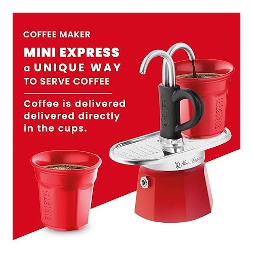  Bialetti - Mini Express Color: Moka Set includes Coffee Maker 2-Cup (2.8 Oz) + 2 shot glasses, Red, Aluminium