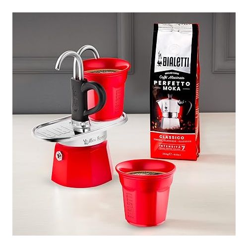  Bialetti - Mini Express Color: Moka Set includes Coffee Maker 2-Cup (2.8 Oz) + 2 shot glasses, Red, Aluminium