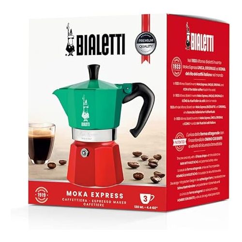  Bialetti - Moka Express Italia Collection: Iconic Stovetop Espresso Maker, Makes Real Italian Coffee, Moka Pot 3 Cups (4.3 Oz - 130 Ml), Aluminium, Colored in Red Green Silver