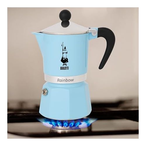  Bialetti - Rainbow: Stovetop Espresso Maker, Moka Pot 6 Cups (8.4 Oz - 250 Ml), Aluminium, Light blue