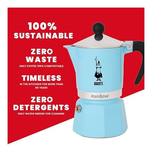  Bialetti - Rainbow: Stovetop Espresso Maker, Moka Pot 6 Cups (8.4 Oz - 250 Ml), Aluminium, Light blue