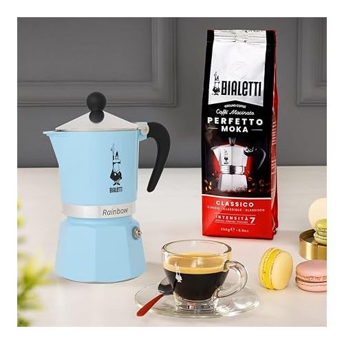  Bialetti - Rainbow: Stovetop Espresso Maker, Moka Pot 6 Cups (8.4 Oz - 250 Ml), Aluminium, Light blue