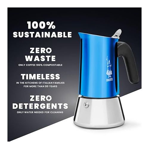  Bialetti New Venus Coffee Machine 6 Cups Anti-Burn Handle Not Induction 6 Cups (235 ml) Stainless Steel Blue