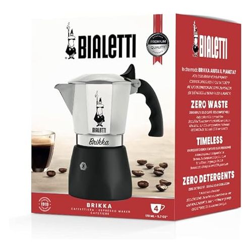  Bialetti - New Brikka, Moka Pot, the Only Stovetop Coffee Maker Capable of Producing a Crema-Rich Espresso, 4 Cups (5,7 Oz), Aluminum and Black