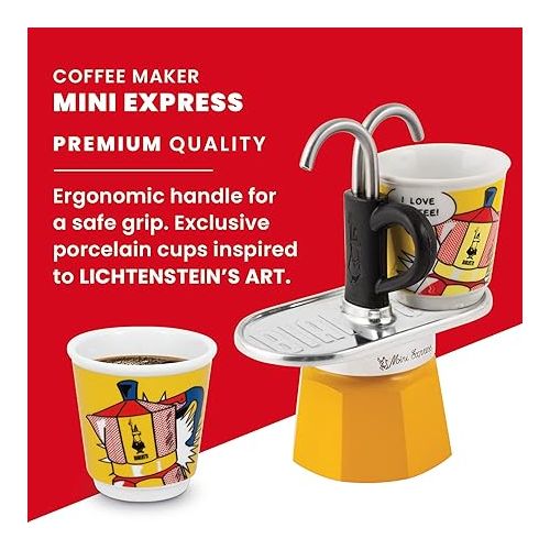  Bialetti - Mini Express Lichtenstein: Moka Set includes Coffee Maker 2-Cup (2.8 Oz) + 2 shot glasses, Yellow, Aluminium