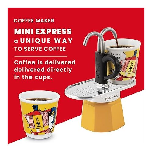  Bialetti - Mini Express Lichtenstein: Moka Set includes Coffee Maker 2-Cup (2.8 Oz) + 2 shot glasses, Yellow, Aluminium