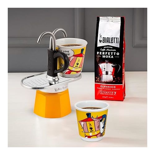  Bialetti - Mini Express Lichtenstein: Moka Set includes Coffee Maker 2-Cup (2.8 Oz) + 2 shot glasses, Yellow, Aluminium