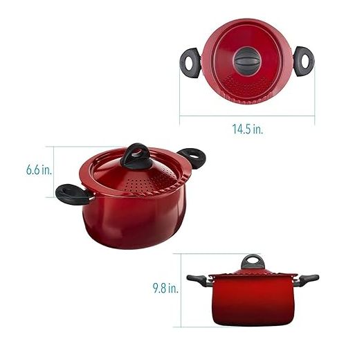  Bialetti Oval Aluminum 5.5 Quart Pasta Pot with Strainer Lid, Nonstick, Red, 5.5 Quarts