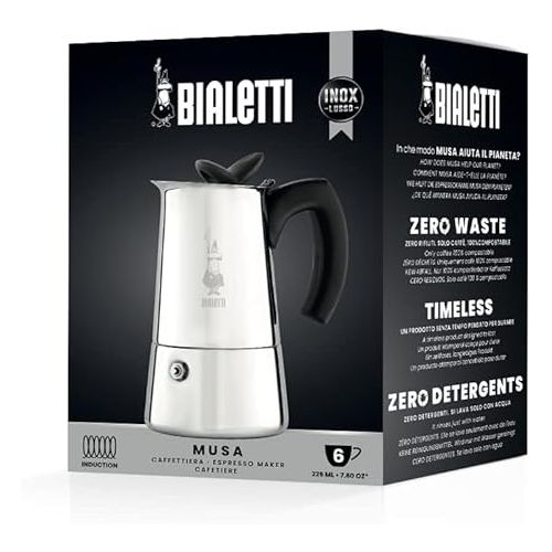  Bialetti - Musa, Stovetop Coffee Maker, Suitable for all Types of Hobs, Stainless Steel, 6 Cups, Silver