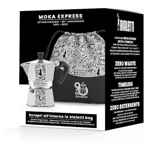  BIALETTI 3 XICARAS 90 Anniversary Moka Express 90th Birthday, argentee