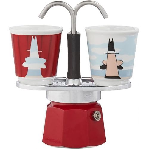  Bialetti - Mini Express Magritte: Moka Set includes Coffee Maker 2-Cup (2.8 Oz) + 2 shot glasses, Red, Aluminium