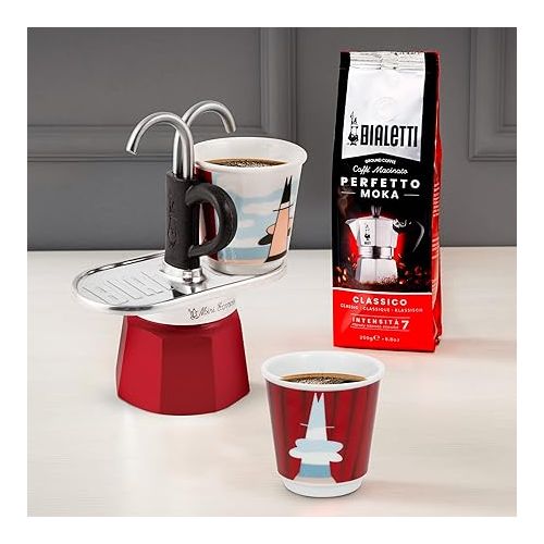  Bialetti - Mini Express Magritte: Moka Set includes Coffee Maker 2-Cup (2.8 Oz) + 2 shot glasses, Red, Aluminium