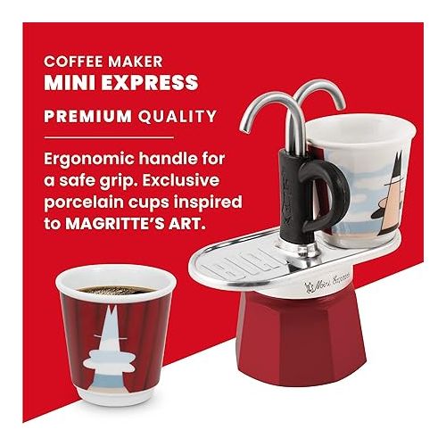  Bialetti - Mini Express Magritte: Moka Set includes Coffee Maker 2-Cup (2.8 Oz) + 2 shot glasses, Red, Aluminium