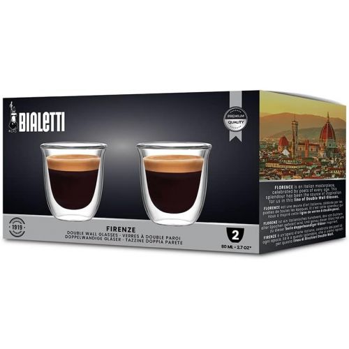  Bialetti Set of 2 Double Wall Firenze, 80 ml, Heat Insulation, Borosilicate Glass