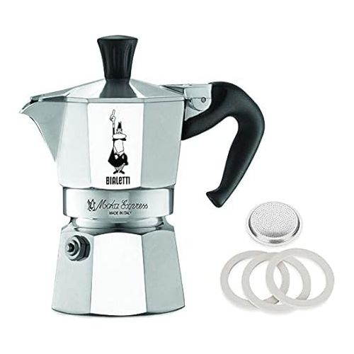  Original Bialetti 1-Espresso Cup Moka Express | Espresso Maker Machine with Extra Genuine Bialetti Replacement Filter and Three Gaskets Bundle (1-cup, 2.0 fl oz, 60 ml)