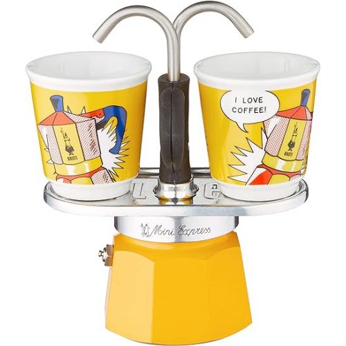  Bialetti - Mini Express Lichtenstein: Moka Set includes Coffee Maker 2-Cup (2.8 Oz) + 2 shot glasses, Yellow, Aluminium & Smart Coffee Jar: Made in Glass to Preserve the Aroma of the Coffee - 250g